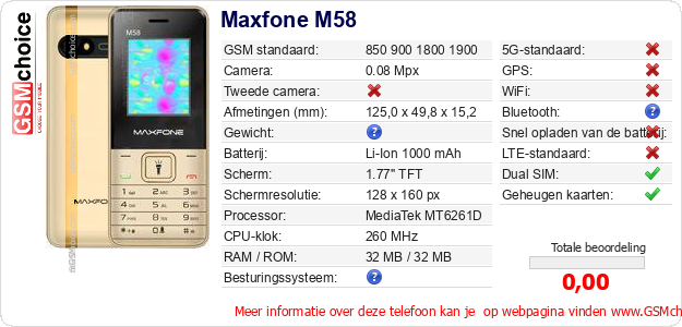 Maxfone M58 Technische gegevens Maxfone M58 Technische gegevens