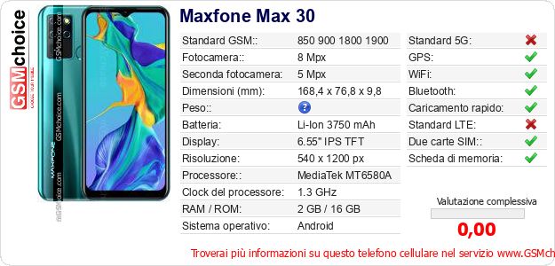 Maxfone Max 30 Dati tecnici di telefono cellulare Maxfone Max 30 Dati tecnici di telefono cellulare