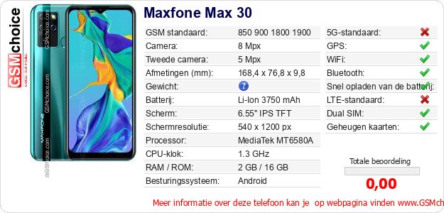 Maxfone Max 30 Technische gegevens Maxfone Max 30 Technische gegevens