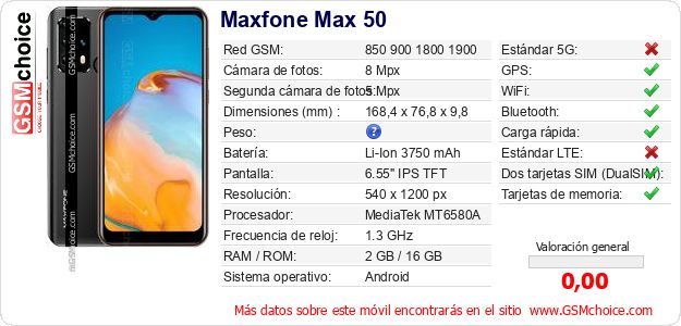 Maxfone Max 50 Datos técnicos del móvil Maxfone Max 50 Datos técnicos del móvil
