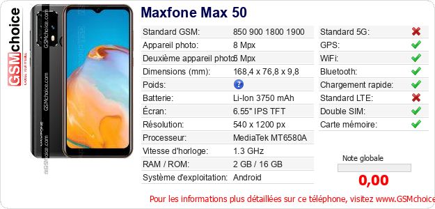 Maxfone Max 50 Fiche technique Maxfone Max 50 Fiche technique