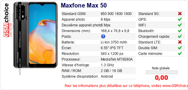 Maxfone Max 50 Fiche technique Maxfone Max 50 Fiche technique