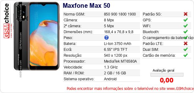 Maxfone Max 50 Especificações técnicas do telemóvel 