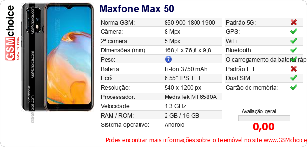Maxfone Max 50 Especificações técnicas do telemóvel Maxfone Max 50 Especificações técnicas do telemóvel