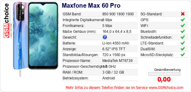 Maxfone Max 60 Pro technische Daten Maxfone Max 60 Pro technische Daten