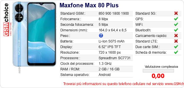 Maxfone Max 80 Plus Dati tecnici di telefono cellulare Maxfone Max 80 Plus Dati tecnici di telefono cellulare