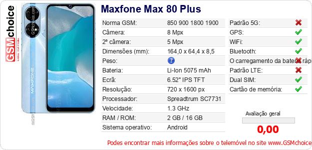 Maxfone Max 80 Plus Especificações técnicas do telemóvel 