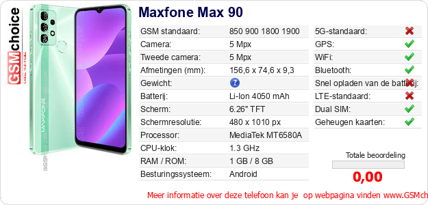 Maxfone Max 90 Technische gegevens Maxfone Max 90 Technische gegevens