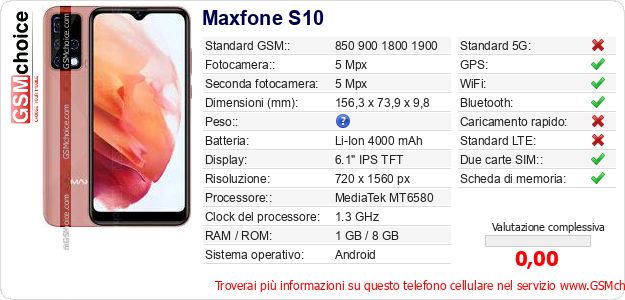 Maxfone S10 Dati tecnici di telefono cellulare Maxfone S10 Dati tecnici di telefono cellulare