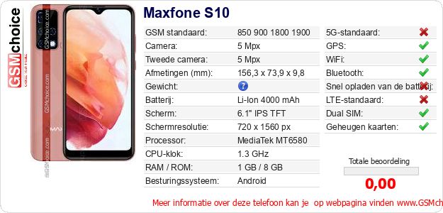 Maxfone S10 Technische gegevens Maxfone S10 Technische gegevens