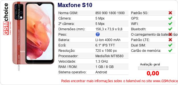 Maxfone S10 Especificações técnicas do telemóvel Maxfone S10 Especificações técnicas do telemóvel