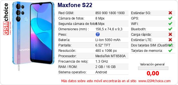 Maxfone S22 Datos técnicos del móvil 