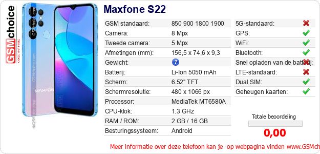 Maxfone S22 Technische gegevens Maxfone S22 Technische gegevens