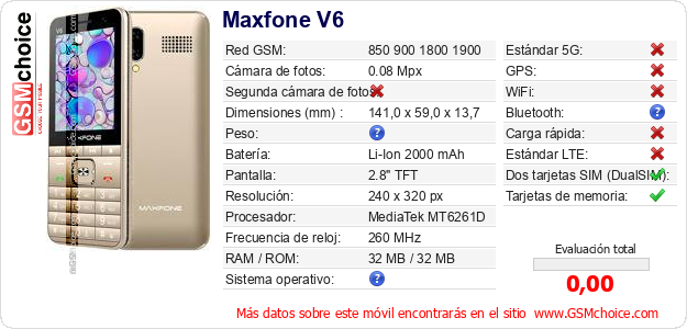Maxfone V6 Datos técnicos del móvil 