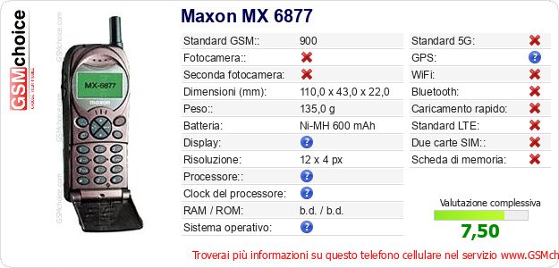 Maxon MX 6877 Dati tecnici di telefono cellulare 