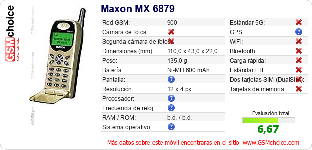 Maxon MX 6879 Datos técnicos del móvil 