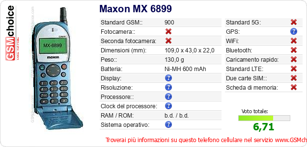 Maxon MX 6899 Dati tecnici di telefono cellulare 