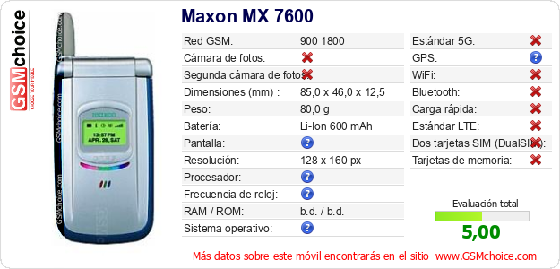 Maxon MX 7600 Datos técnicos del móvil Maxon MX 7600 Datos técnicos del móvil