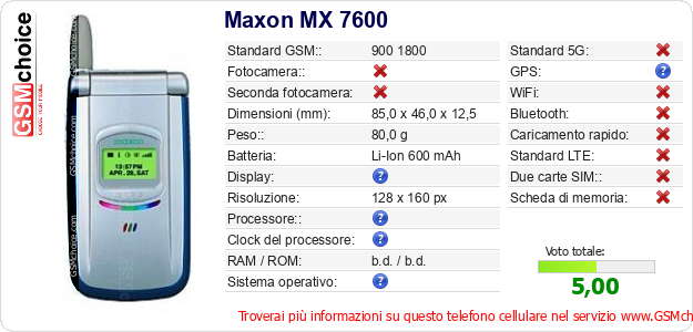 Maxon MX 7600 Dati tecnici di telefono cellulare 