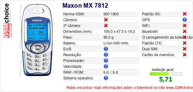 Maxon MX 7812 Especificações técnicas do telemóvel 