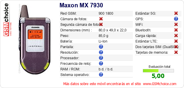 Maxon MX 7930 Datos técnicos del móvil 