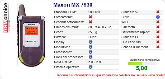 Maxon MX 7930 Dati tecnici di telefono cellulare 