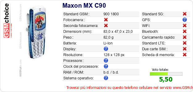 Maxon MX C90 Dati tecnici di telefono cellulare 