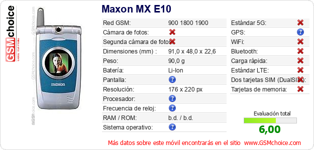 Maxon MX E10 Datos técnicos del móvil 