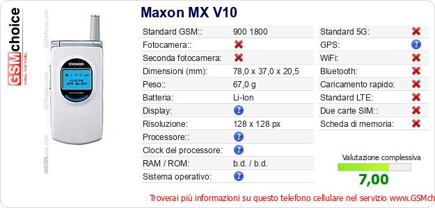 Maxon MX V10 Dati tecnici di telefono cellulare 