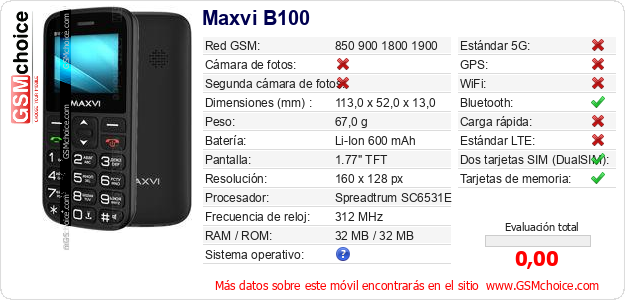 Maxvi B100 Datos técnicos del móvil 