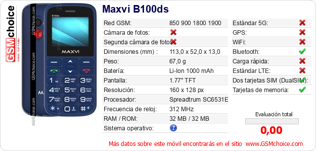 Maxvi B100ds Datos técnicos del móvil 