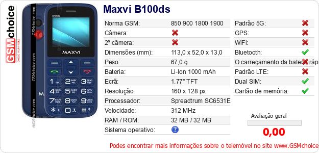 Maxvi B100ds Especificações técnicas do telemóvel Maxvi B100ds Especificações técnicas do telemóvel