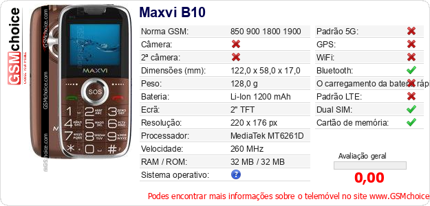 Maxvi B10 Especificações técnicas do telemóvel Maxvi B10 Especificações técnicas do telemóvel