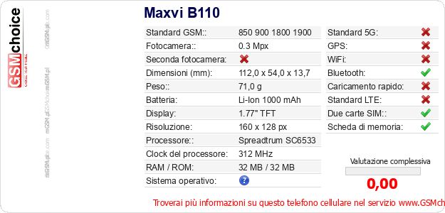 Maxvi B110 Dati tecnici di telefono cellulare Maxvi B110 Dati tecnici di telefono cellulare