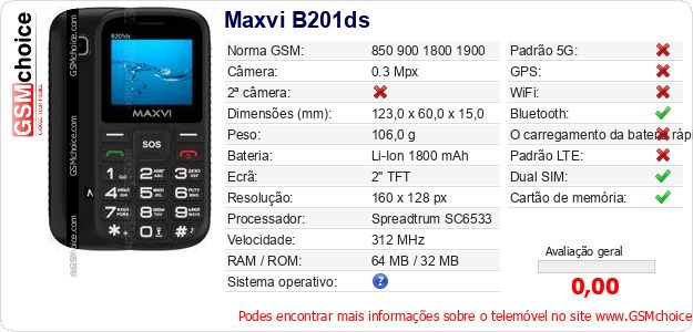 Maxvi B201ds Especificações técnicas do telemóvel Maxvi B201ds Especificações técnicas do telemóvel