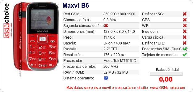 Maxvi B6 Datos técnicos del móvil Maxvi B6 Datos técnicos del móvil