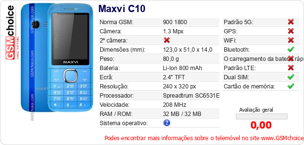 Maxvi C10 Especificações técnicas do telemóvel Maxvi C10 Especificações técnicas do telemóvel