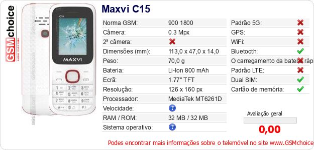 Maxvi C15 Especificações técnicas do telemóvel 