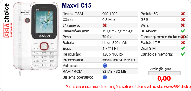 Maxvi C15 Especificações técnicas do telemóvel Maxvi C15 Especificações técnicas do telemóvel