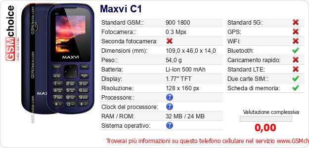 Maxvi C1 Dati tecnici di telefono cellulare Maxvi C1 Dati tecnici di telefono cellulare