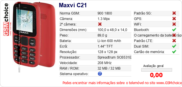 Maxvi C21 Especificações técnicas do telemóvel Maxvi C21 Especificações técnicas do telemóvel