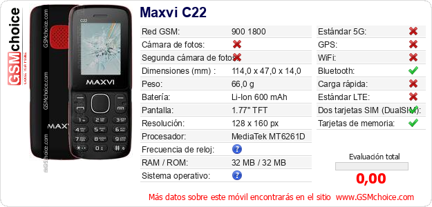 Maxvi C22 Datos técnicos del móvil Maxvi C22 Datos técnicos del móvil