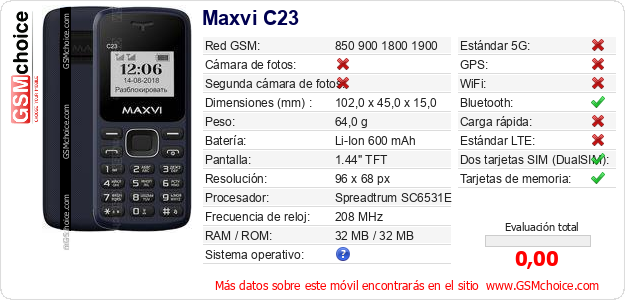 Maxvi C23 Datos técnicos del móvil 