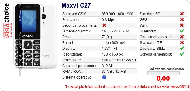 Maxvi C27 Dati tecnici di telefono cellulare Maxvi C27 Dati tecnici di telefono cellulare