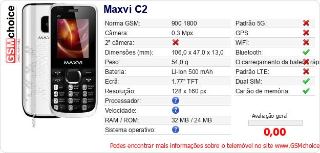 Maxvi C2 Especificações técnicas do telemóvel 