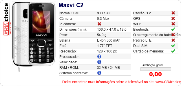 Maxvi C2 Especificações técnicas do telemóvel Maxvi C2 Especificações técnicas do telemóvel