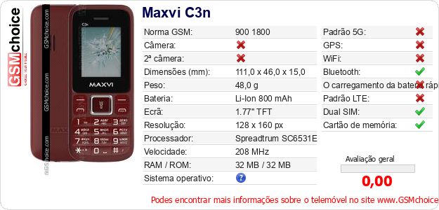 Maxvi C3n Especificações técnicas do telemóvel Maxvi C3n Especificações técnicas do telemóvel