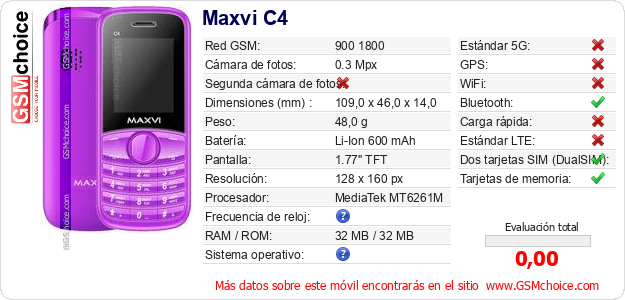 Maxvi C4 Datos técnicos del móvil Maxvi C4 Datos técnicos del móvil