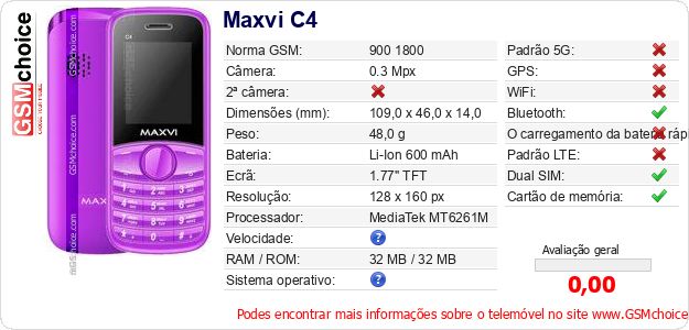 Maxvi C4 Especificações técnicas do telemóvel Maxvi C4 Especificações técnicas do telemóvel