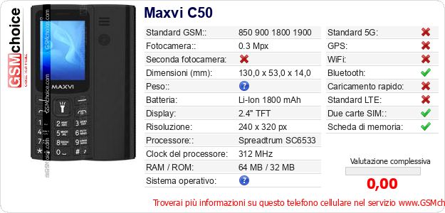 Maxvi C50 Dati tecnici di telefono cellulare Maxvi C50 Dati tecnici di telefono cellulare